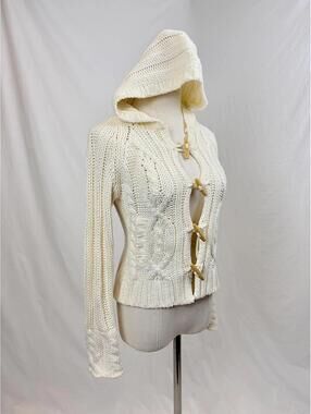 Vintage y2k Cream Cable Knit Hooded Wooden Toggle Close Cardigan Small